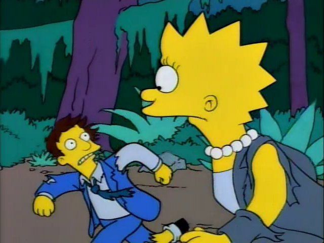 Simpsons screenshot of people running for their lives on Monster Island, which is in fact a Peninsula.