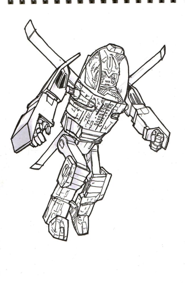 Black and white illustration of a humanoid robot. He has a bubble-dome helmet like an astronaut or deep-sea diver, with a masked robotic behind the glass. His arms are lined with helicopter landing skids. A trio of rotor blades extends from his back.