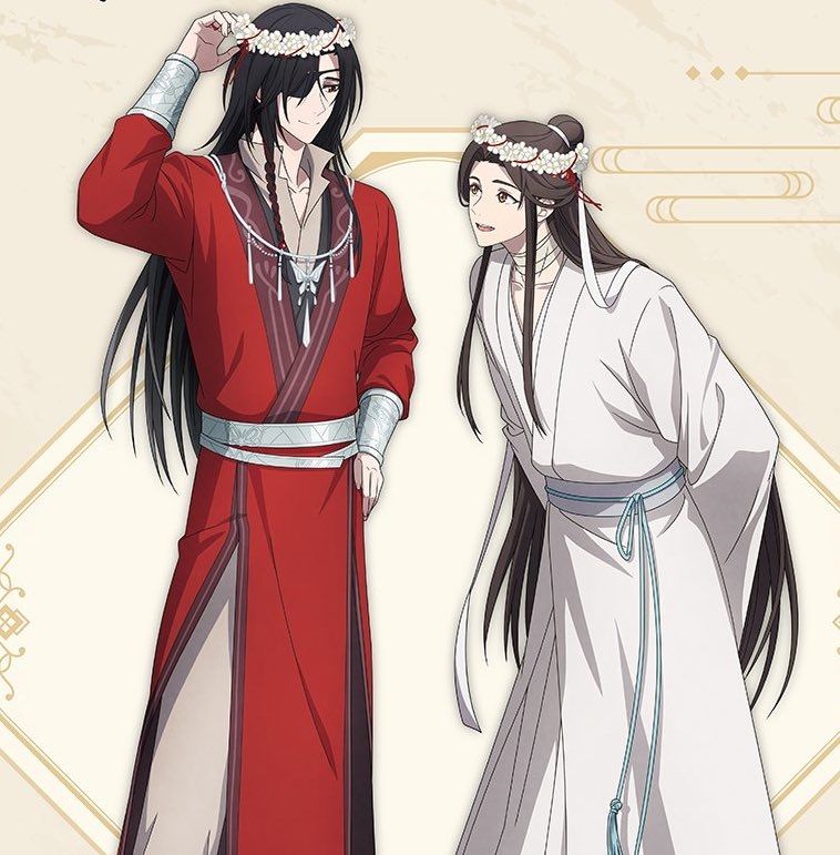 Hua Cheng adjusting a white flower crown on his head as Xie Lian, also flower crowned, leans toward him with a playful expression. 