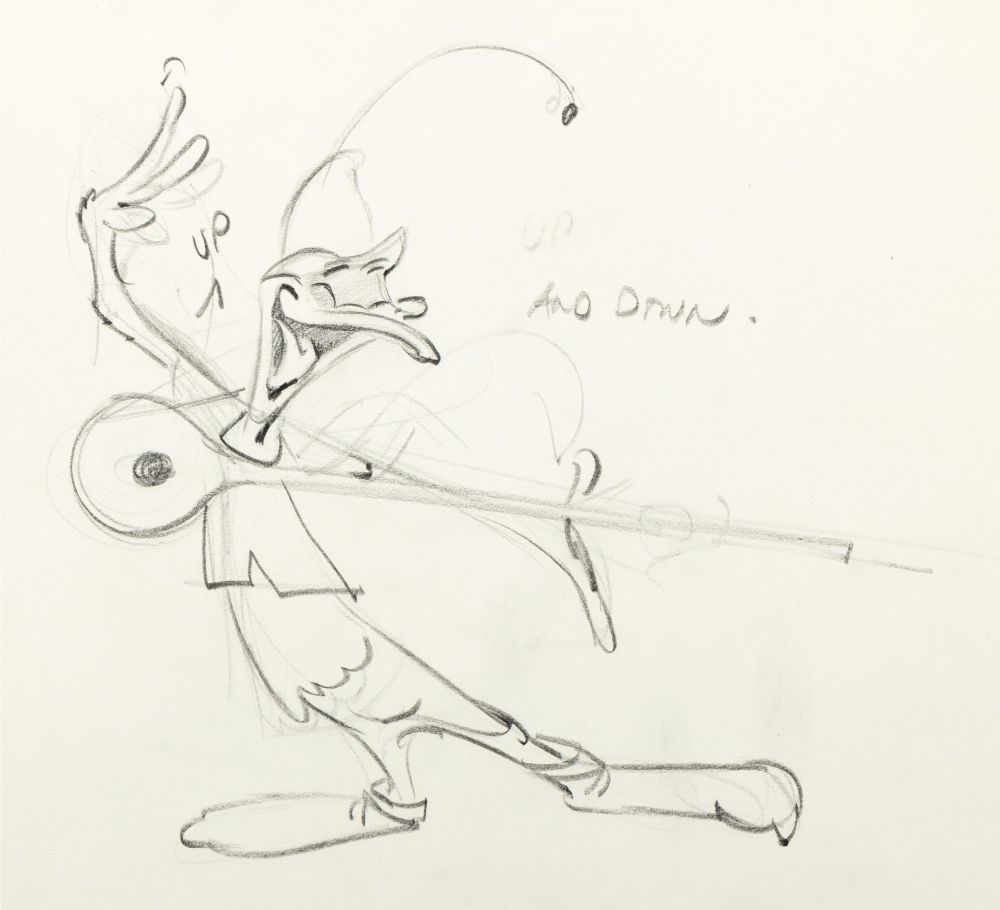 A drawing of Daffy Duck strumming a lute.