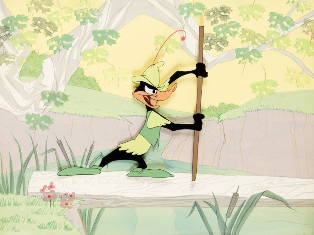 A cel of Daffy Duck from Robin Hood Daffy, albeit traced and recolored in green and yellow. He stands on a log holding his trusty "buck an' a quarter quarter staff".