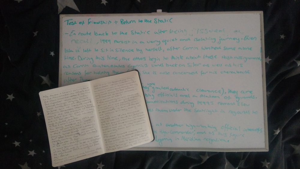 Image showing a whiteboard and notebook with text detailing various stages of the plan for Act 2 for the game Prophecy: Corrin's Tale