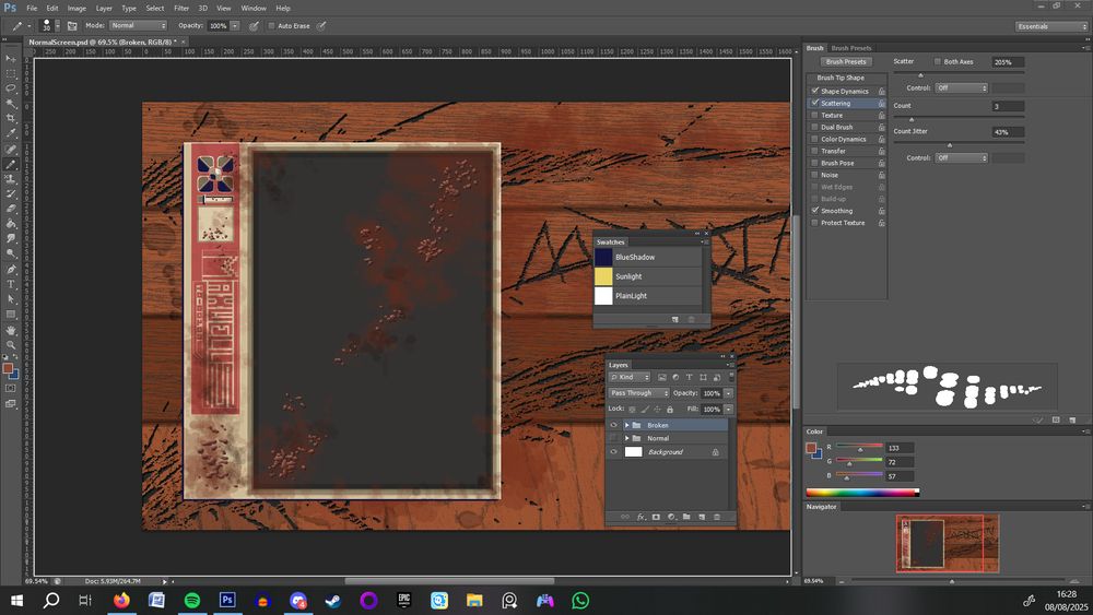 Image showcasing a work in process shot of the new UI for the Intermissions for the game Prophecy: Corrin's Tale. Depicting a tablet device in retro-like colours laying atop mismatch wood planks with charred burn marks; these assets are some of those used for the "Broken" variant of the scene.