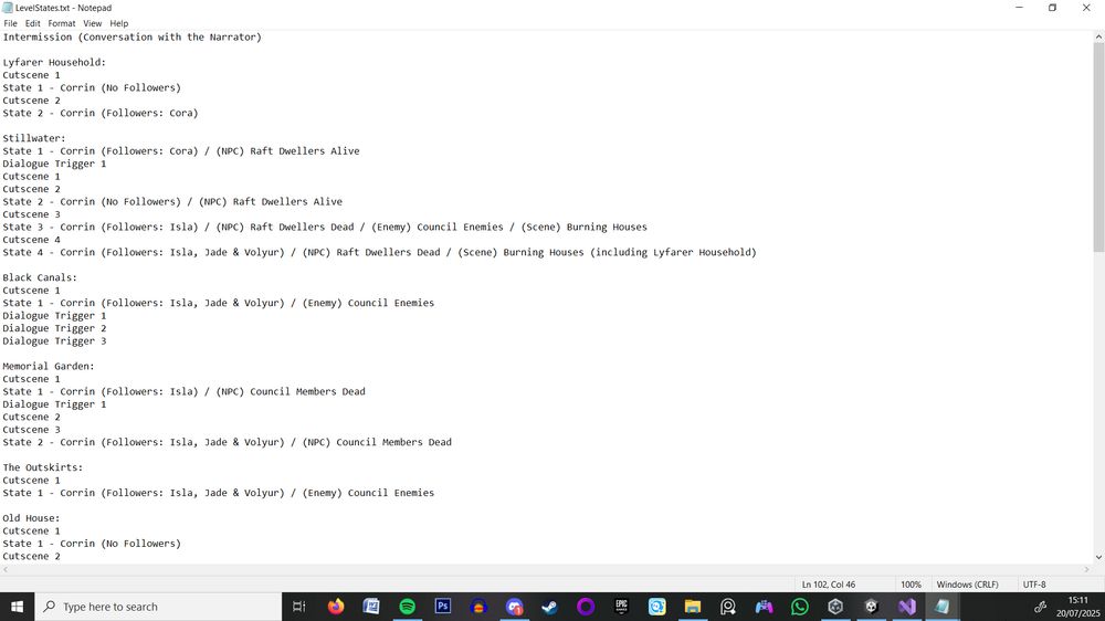 Image showcasing a Notepad write out of a basic outline of Level States for the game Prophecy: Corrin's Tale. Each section details the changes in states to the levels, the order of cutscenes and dialogue triggers and what each asset included is (Player, NPC, Enemy or Scene object).
