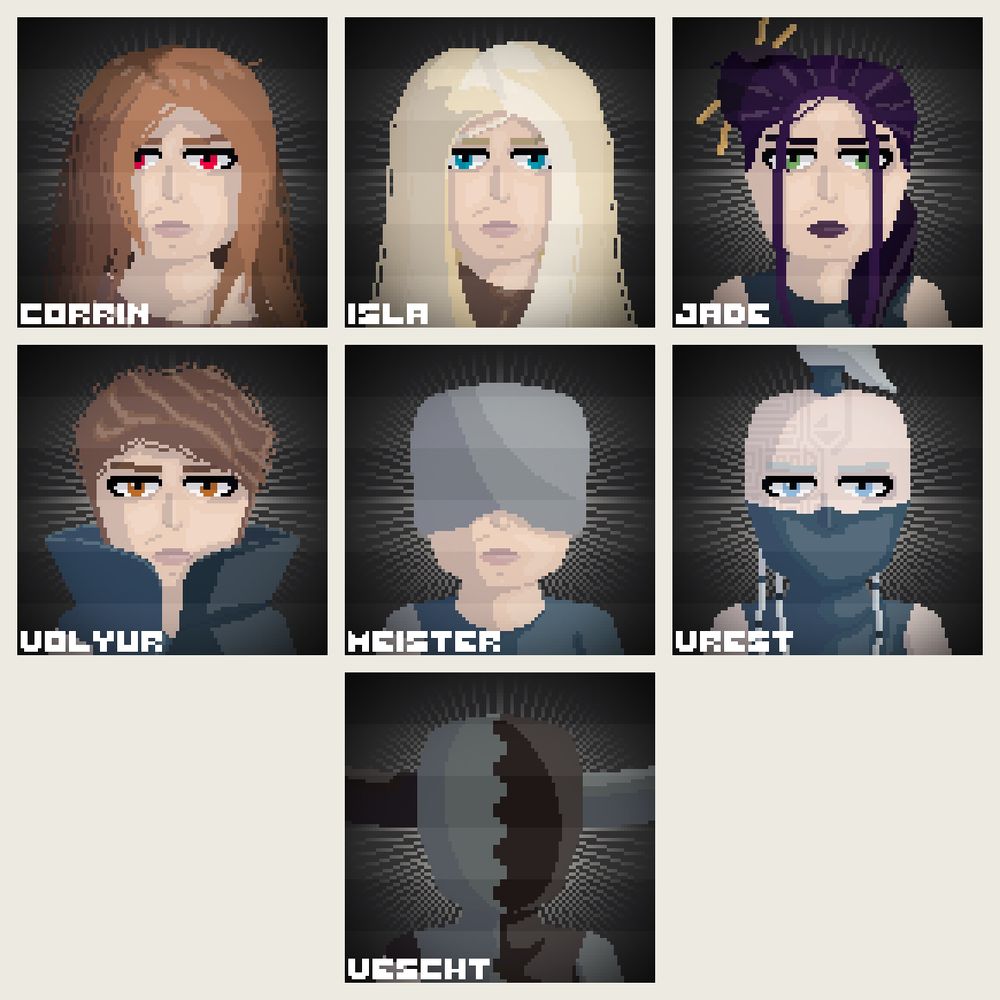 Image showcasing the updated character portraits for the seven main characters of the game Prophecy: Corrin's Tale. Each portrait takes design elements from each character's overworld sprite, but adds refinement and detail.