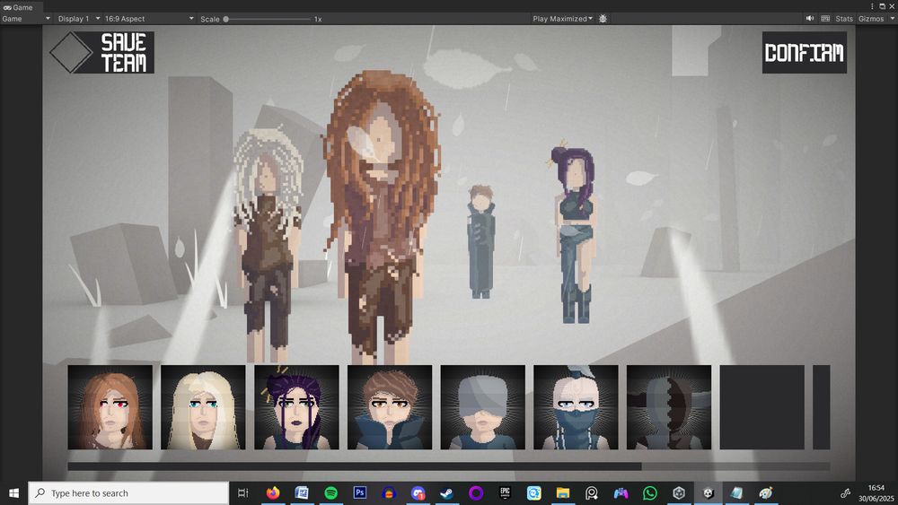 Image showcasing the design for the combat character selection scene for the game Prophecy: Corrin's Tale. This image displays not only a similar monochromatic-abstract backdrop to the main battle scene, but also shows us the UI components of the character selection window, with selected characters placed dymaically in the scene to create a sense of belonging and depth.