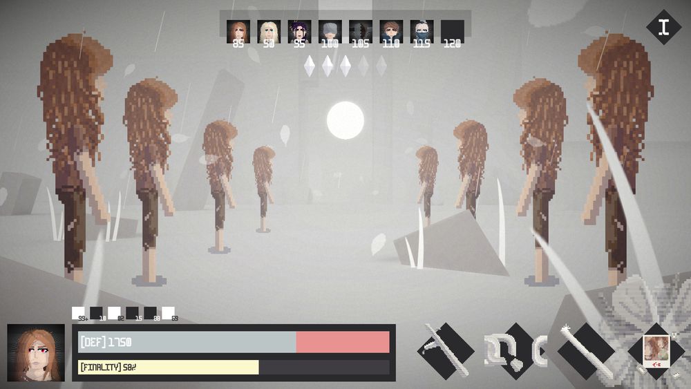 Image showcases a mockup scene for the combat for the game Prophecy: Corrin's Tale. Depicting the monochromatic abstract scene with it's phantom leaves and rain; HUD elements are now layered on top for visual feedback during an encounter.

At the top centre, we have the Speed Timeline, detailing the turn order of characters with portraits and speed values. At the top right we have the Inspection button which would allow us to open the Inspection menu for further character details.

At the bottom left to centre, we have the current character details, with a portrait, HP/DEF bars, Finality bar and effect icons (the bars of which are isolated from the scene via a black background). From the bottom right, we have the attack icons of the current character(from left to right: Basic, Special, Ultimate and Finality), with a transparent flower depicting the Passive Ability and symbology of the character.

As a last addition to the mockup, we have stand in characters showcasing how each team will be displayed within the scene, with characters getting further away and inwards due to forced perspective, with the further most characters fading out to create the illusion of depth.