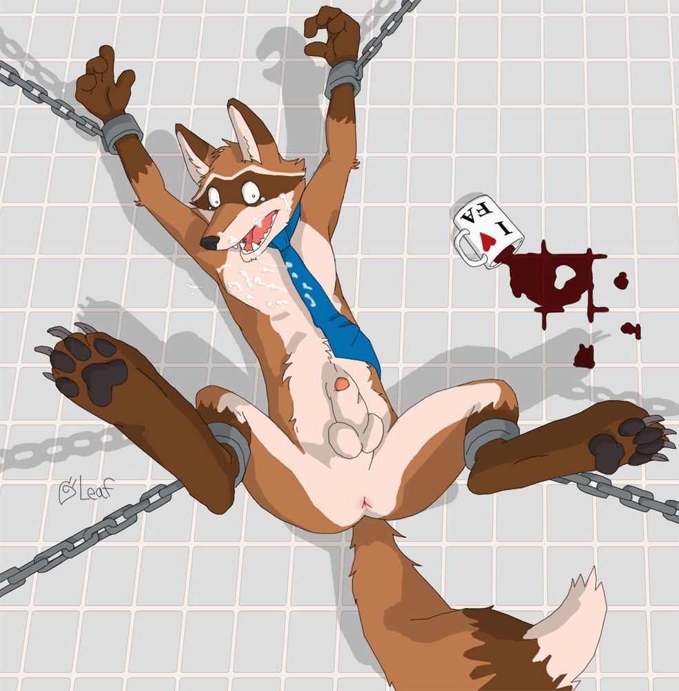 Fender the ferrox (ferret-otter) chained spread-eagled on a tile floor with his junk and hole exposed. spilled coffee beside him and a mug that says "I heart FA". Fender is the FurAffinity mascot.