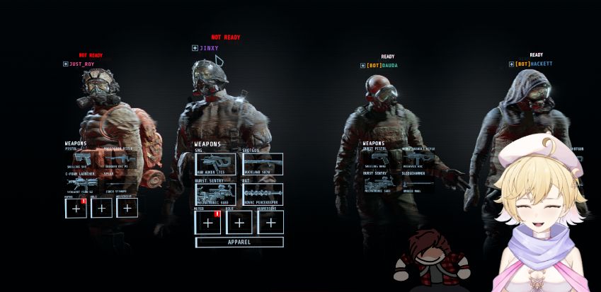 screenshot of player lobby in GTFO with blond fem vtuber model with decent-sized booba and gremlin pasty ginger fugi over it in bottom right 