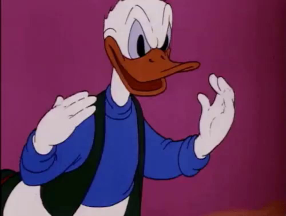 donald duck is wearing a blue vest and a blue sweater