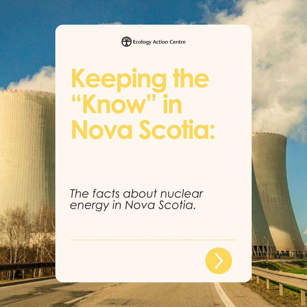 Text in yellow and black in a white box, overlaid on an image of nuclear reactor stacks.