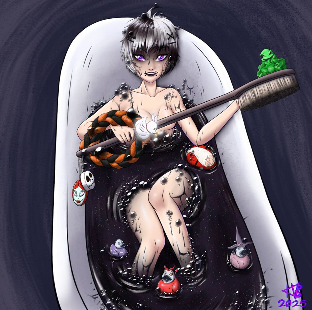 Streamer Melandeity, laying in a tub of dark, festive, and sparkly bubble bath. Mel is holding a Nightmare Before Christmas bath-themed keyblade, surrounded by bath accessories also Nightmare Before Christmas themed.
