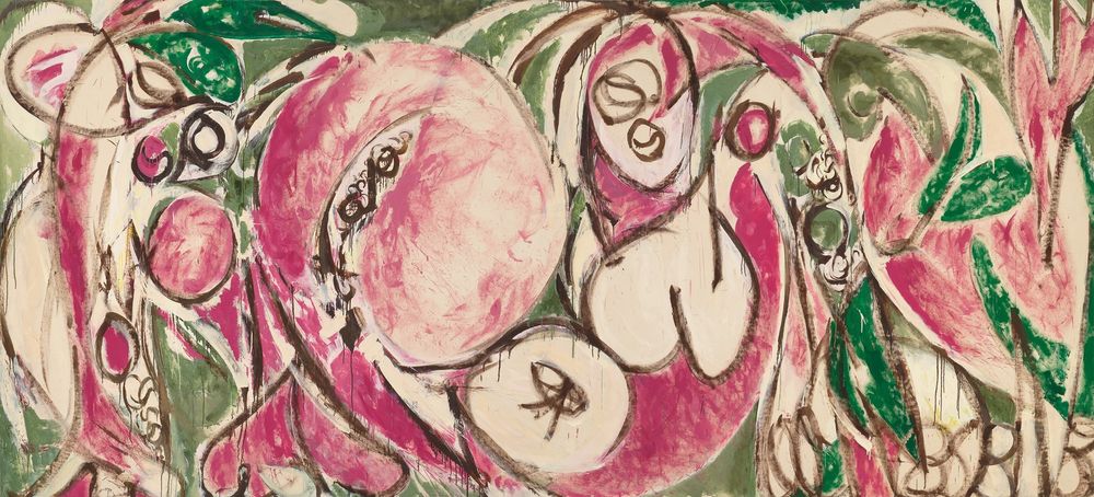 Lee Krasner, The Seasons - https://whitney.org/collection/works/6153 - a big painting, fluid lines of green and pink abstraction reminding one of fruits, flowers, and the flow of dancing bodies 