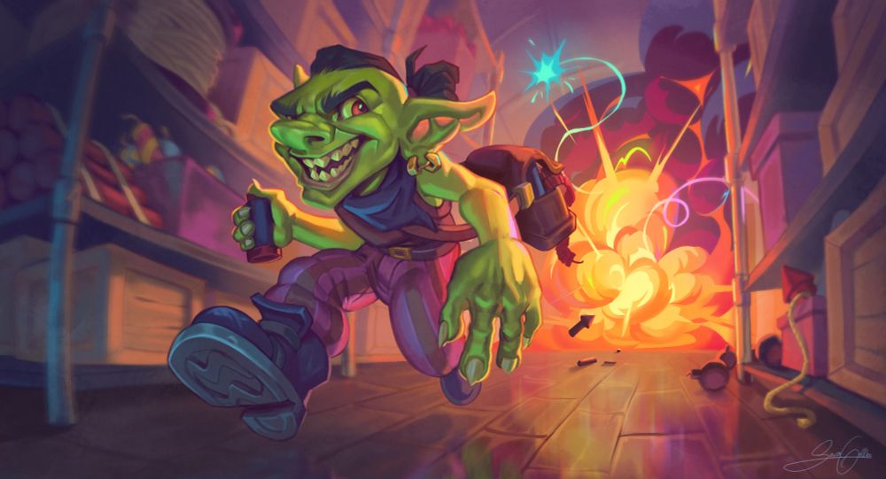An illustration of a goblin running away after a successful firework heist