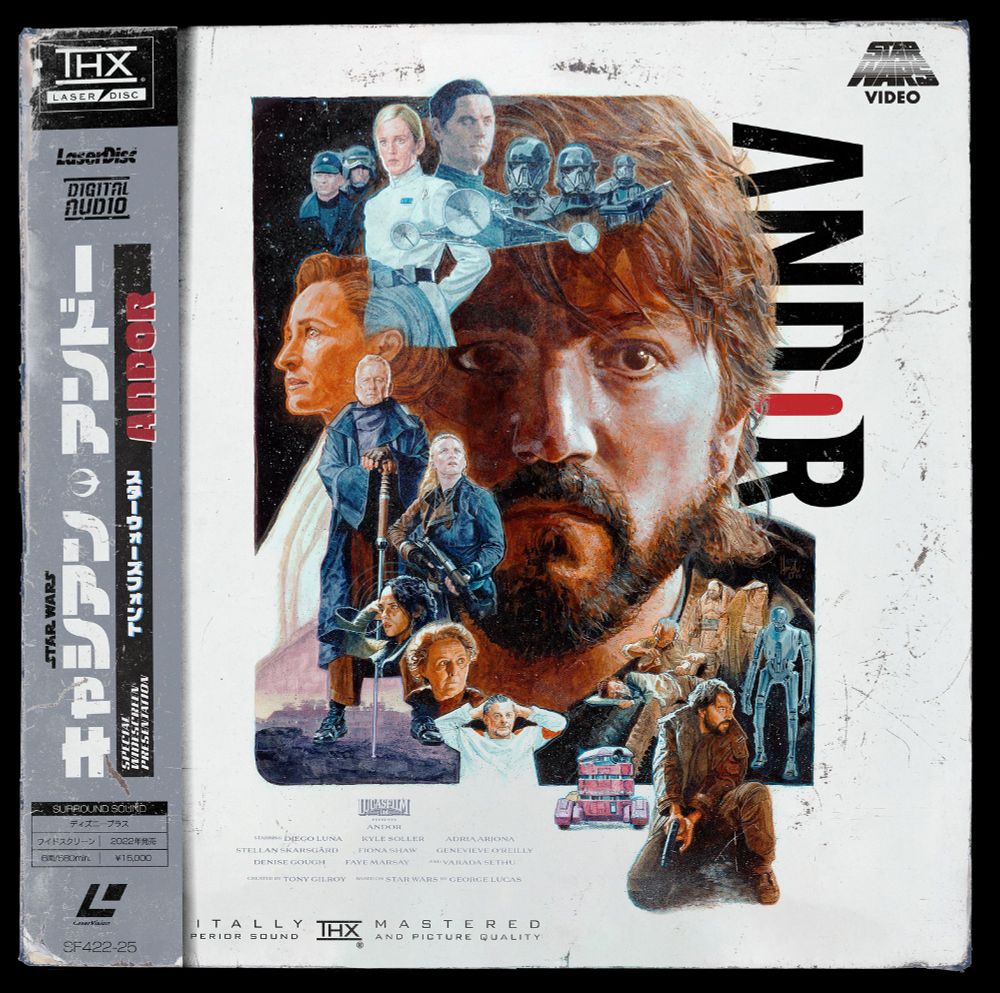 hugh fleming's newest andor poster used in a mockup of a japanese laserdisc, complete with obi on the left side and a japanese logo for the show