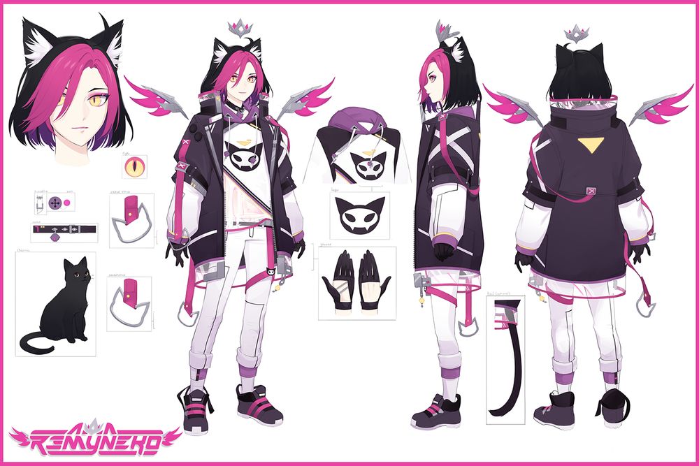 Revealed character sheet for RemyNeko.

An androgynous Nekomimi with cyber aesthetic. Black hair in a bob with magenta bangs. Oversized dark purple coat with magenta straps over a white hoodie with purple accents, white pants, and dark purple sneakers. They have floating mechanical silver and magenta wings and a floating crown.

Sections of the image have closeups of details: The head, iris, collar, a black cat, the hoodie, a skull cat logo, the gloves, and a tail.
