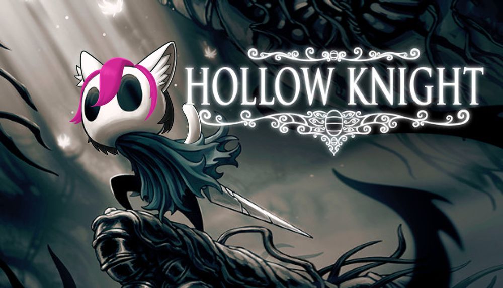Hollow Knight logo with the Knight edited with RemyNeko's hairstyle (black hair, cat ears, magenta bangs).

Edit by @dillydalidew.bsky.social