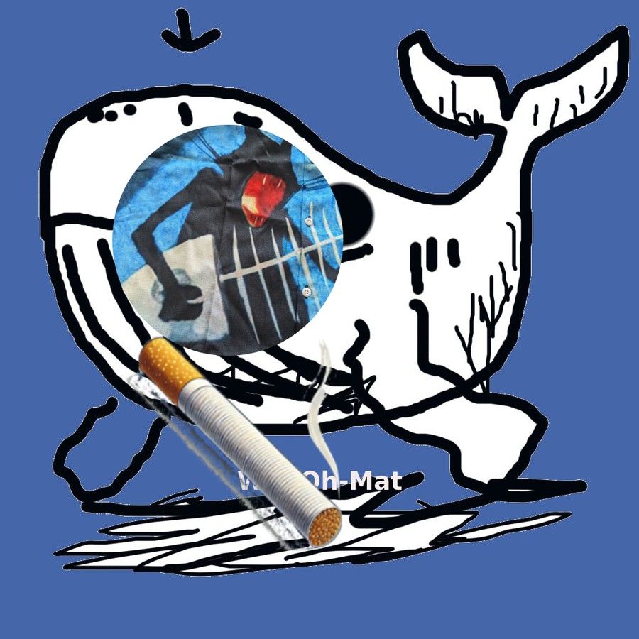 Eine sehr sehr schlechte Illustration mit der Maus gemalt eines Buckelwal mit dem avatar von trailchaser.bsky.social als Kopf