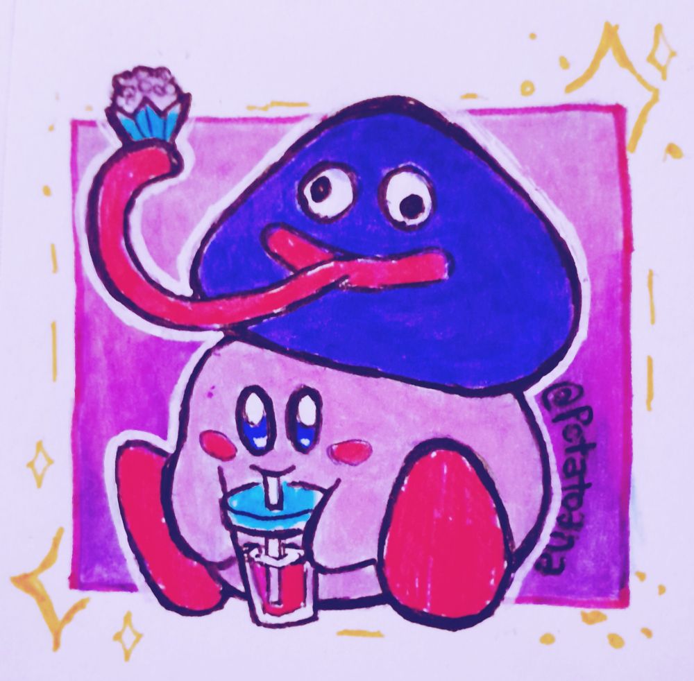 Kirby bebendo milkshake enquanto o Gooey está sentado na cabeça dele e comendo brigadeiro