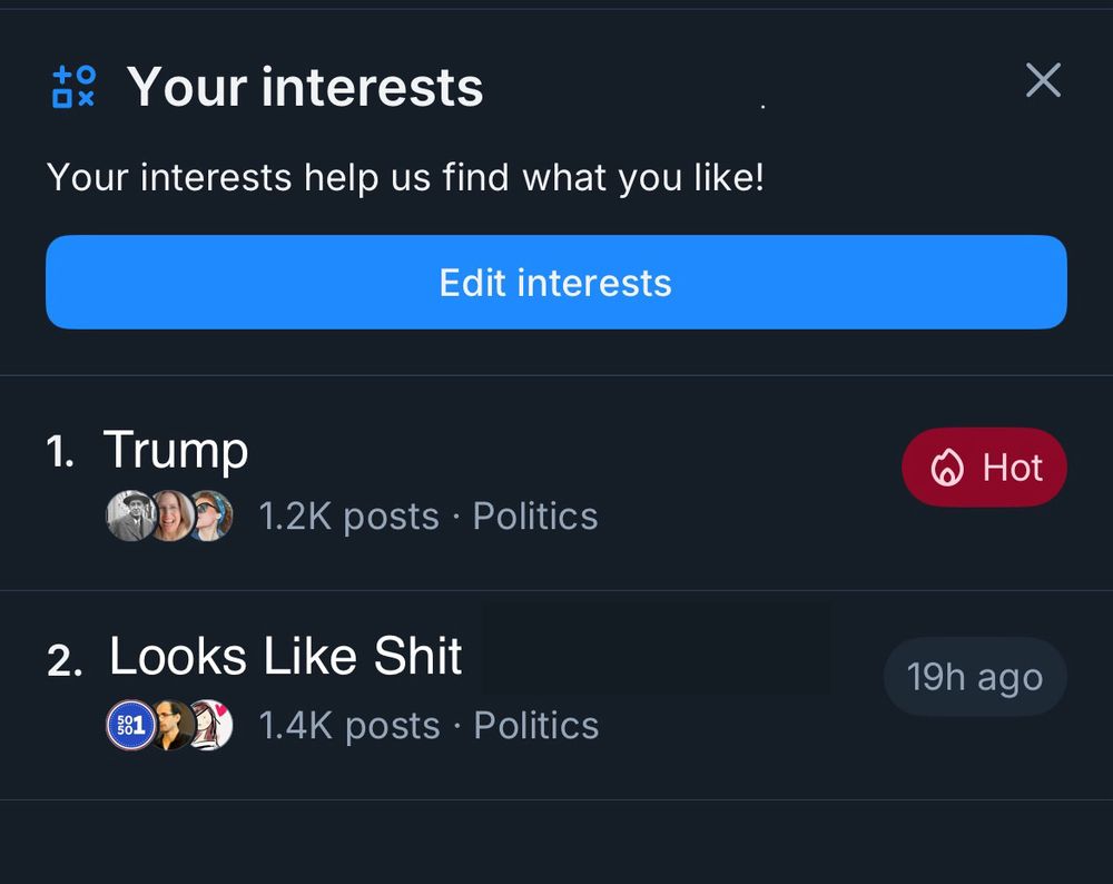 Trending topics on BlueSky. #1 is Trump, #2 is Looks Like Shit 