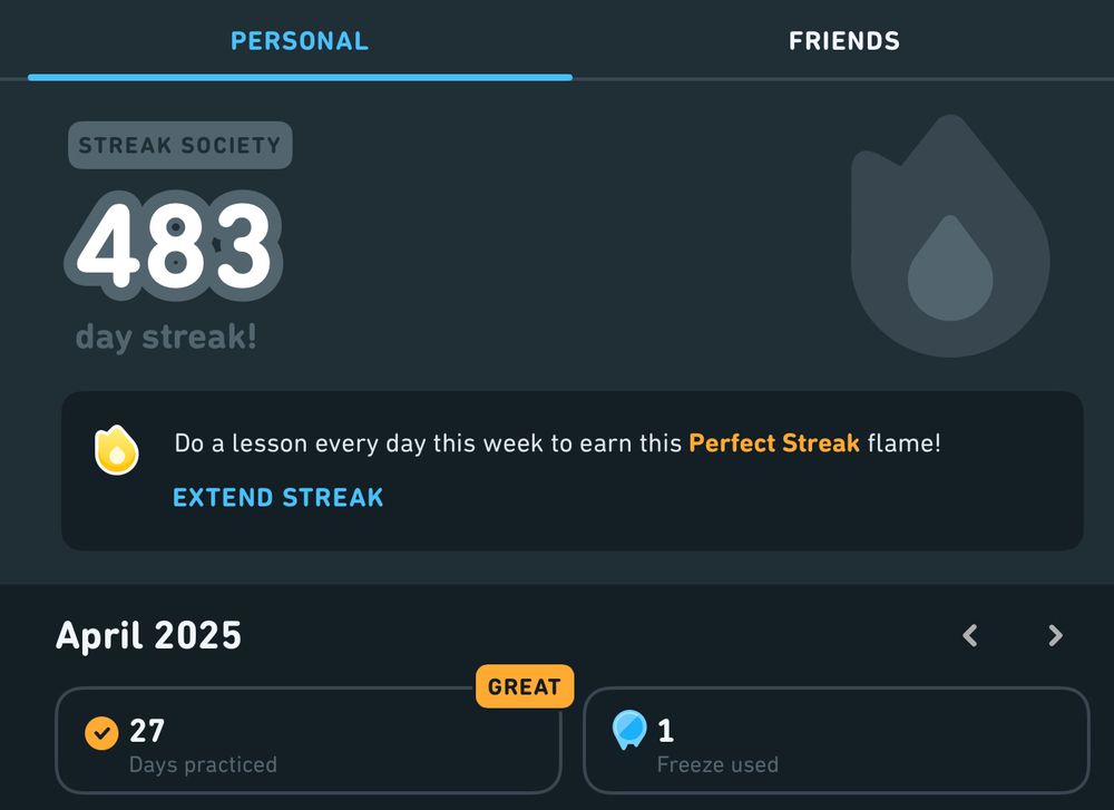 Screenshot of my Duolingo progress showing a 483-day streak before switching to LingoDeer due to Duolingo’s prioritization of using AI.