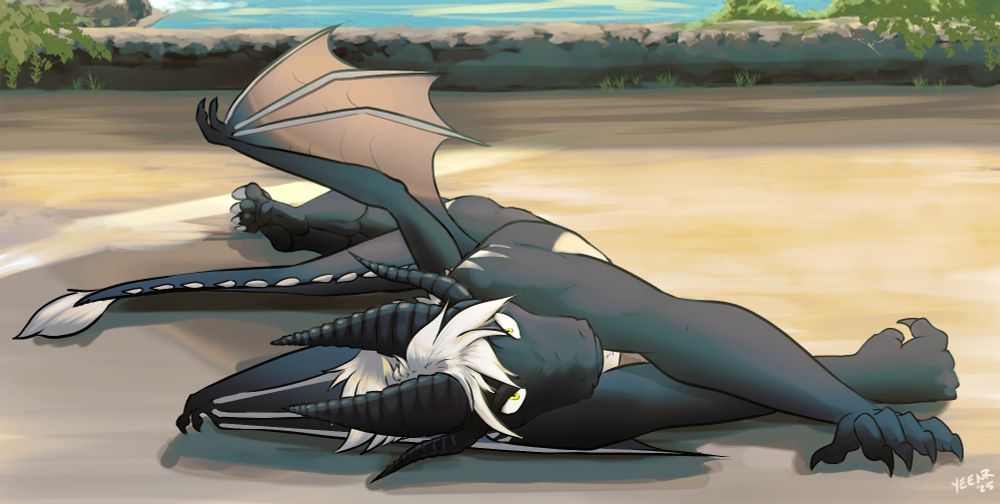 black and white dragon laying in the sun and stretching like a cat