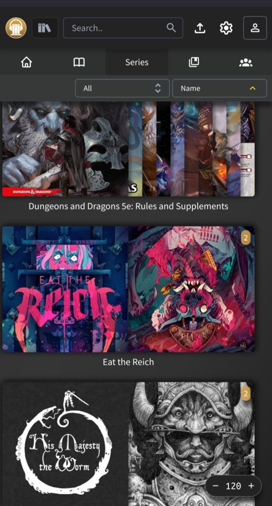 Audiobookshelf self hosted book server that I've co-opted to keep all the TTRPG games I've collected. It can keep multiple books / documents together, originally intended for multi-volume audiobooks, it can handle PDFs and images as well. Image shows my TTRPGs