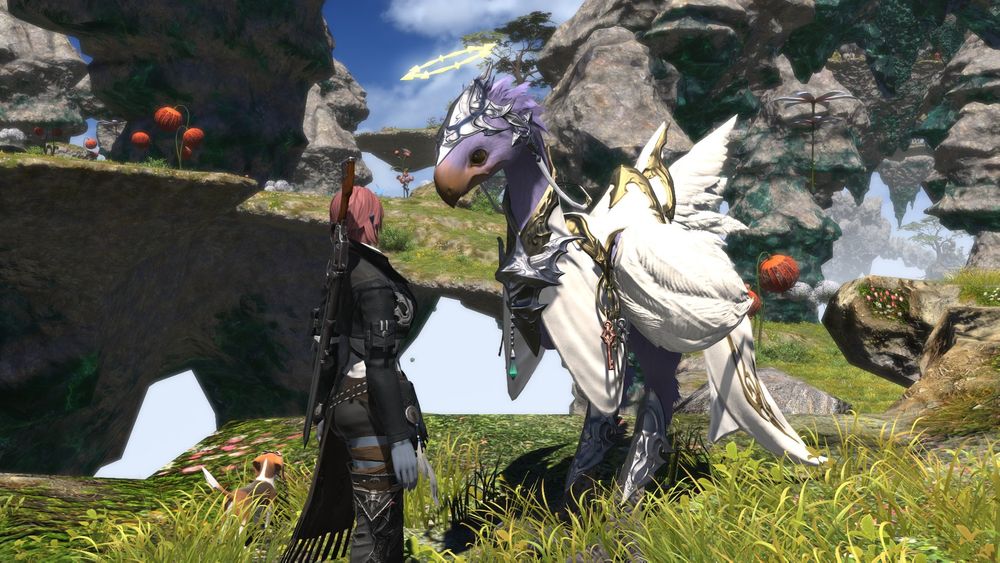 Tali looking at a lavender chocobo wearing angelic barding