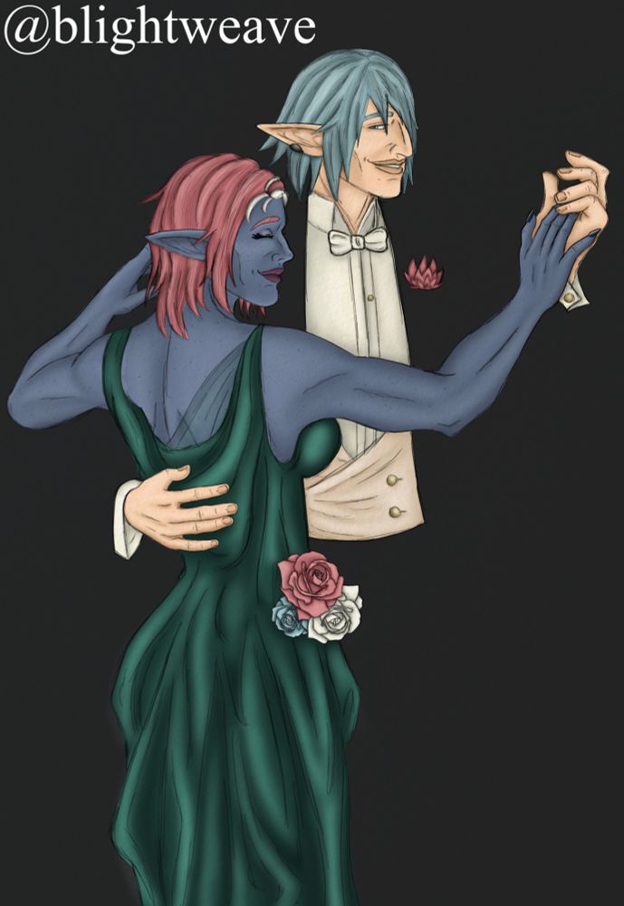 A colored drawing of Tali, wearing a long green dress, and Haurchefant, posed in the style of Leyendecker’s The Dancing Couple. 