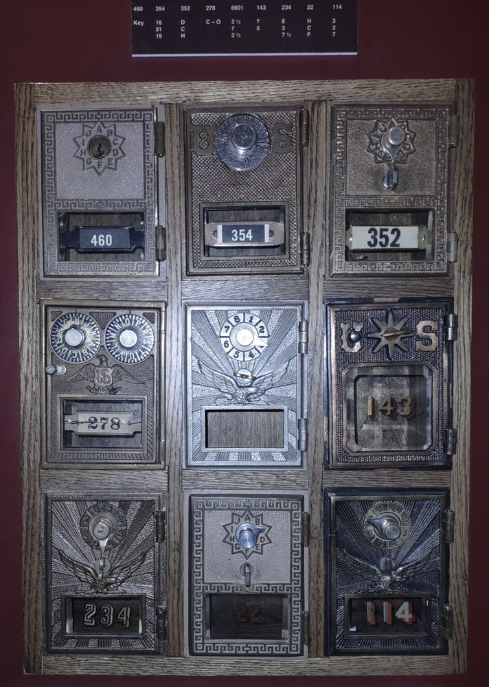 Vintage PO boxes with combination locks (except the top left which takes a key)