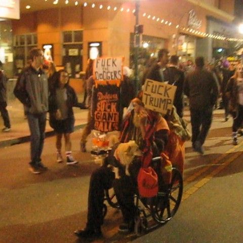 Participant at Halloween night on Pacific Ave. in Santa Cruz, CA in 2017: not a Trumptard; not a Dodgers fan; obviously a Giants fan