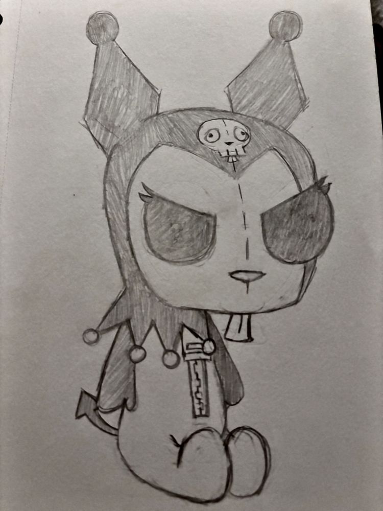 a sketch by me of GIR from Invader Zim (in his puppy suit) in a Kuromi-style costume. 