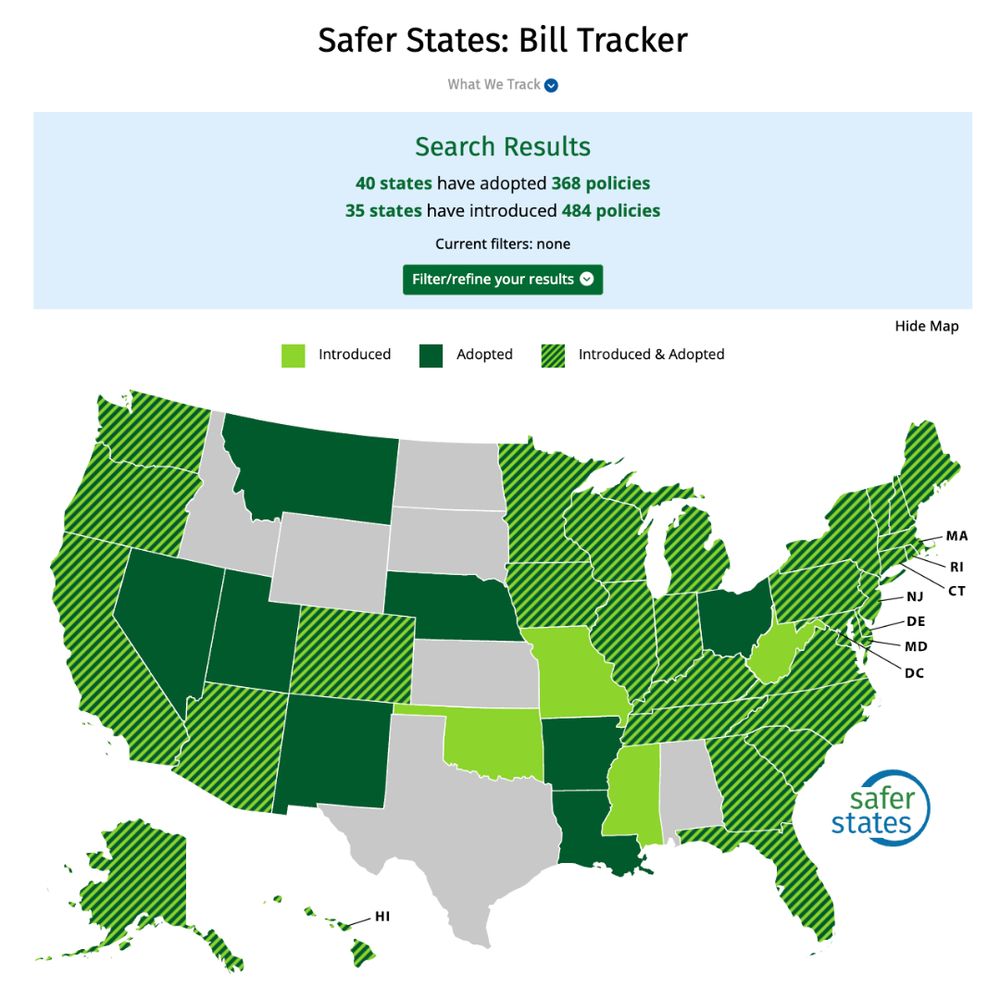 A map of the United States titled "Safer States: Bill Tracker," showing state-level activity on policies addressing toxic chemicals and materials. States are color-coded:

Light green for "Introduced" policies,
Dark green for "Adopted" policies,
Striped green for both "Introduced & Adopted" policies.