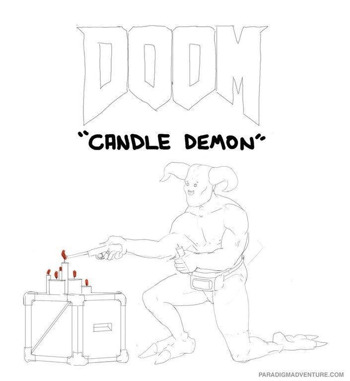 A black and white line drawing with the DOOM logo at the top, "CANDLE DEMON" just below, and then an illustration of a smiling demon with horns kneeling to light some candles on top of a crate.