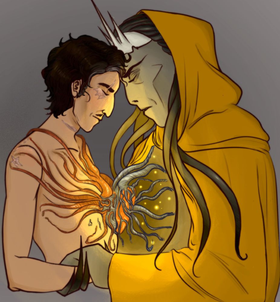 John & Arthur touch foreheads. Between them a red and blue heart grows veins into them each 
