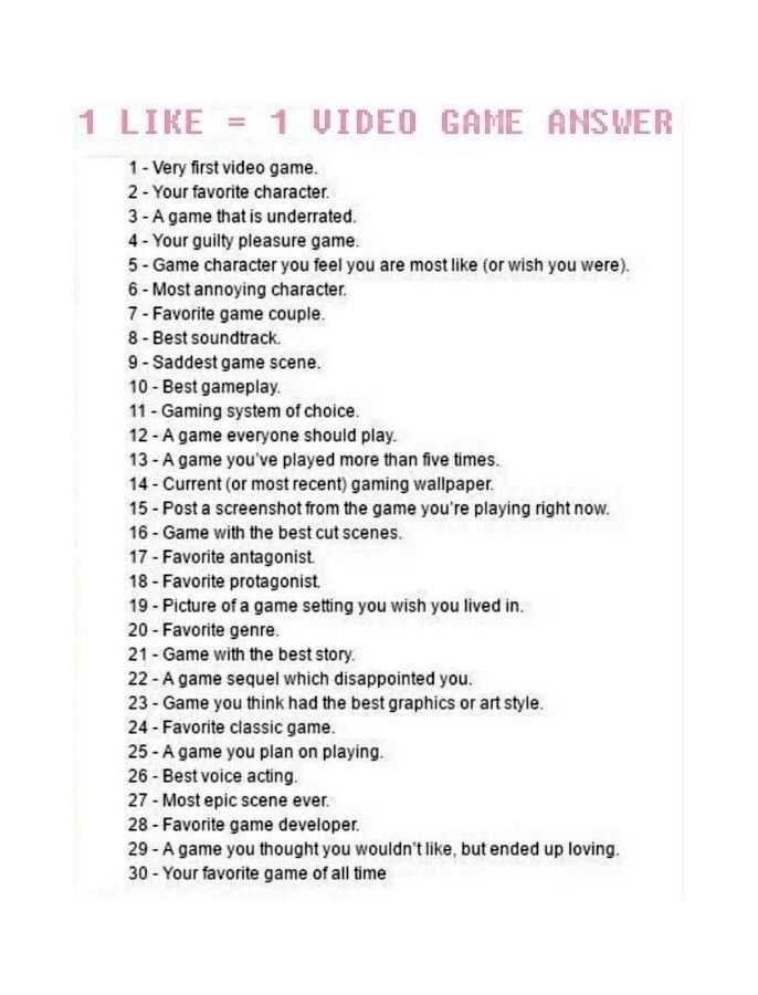 1 LIKE = 1 VIDEO GAME ANSWER 
1. Very first video game
2. Your favorite character
3. A game that is underrated
4. Your guilty pleasure game
5. Game character your feel you are the most like (or wish you were) 
6. Most annoying character
7. Famous game couple
8. Best soundtrack
9. Saddest game scene
10. Best gameplay
11. Gaming system of choice
12. A game everyone should play
13. A game you've played more than five times
14. Current (or most recent) gaming wallpaper
15. Post a screenshot from the game you're playing right now
16. Game with the best cut scenes
17. Favorite antagonist
18. Favorite protagonist
19. Picture of a game called setting you wish you lived in
20. Favorite game
21. Game with the best story
22. Game sequel which disappointed you
23. Game you think had the best graphics or art style
24. Favorite classic game
25. A game you plan on playing
26. Best voice acting
27. Most epic scene ever
28. Favorite game developer
29. A game you thought you wouldn't like, but ended up loving
30. Your favorite game of all time