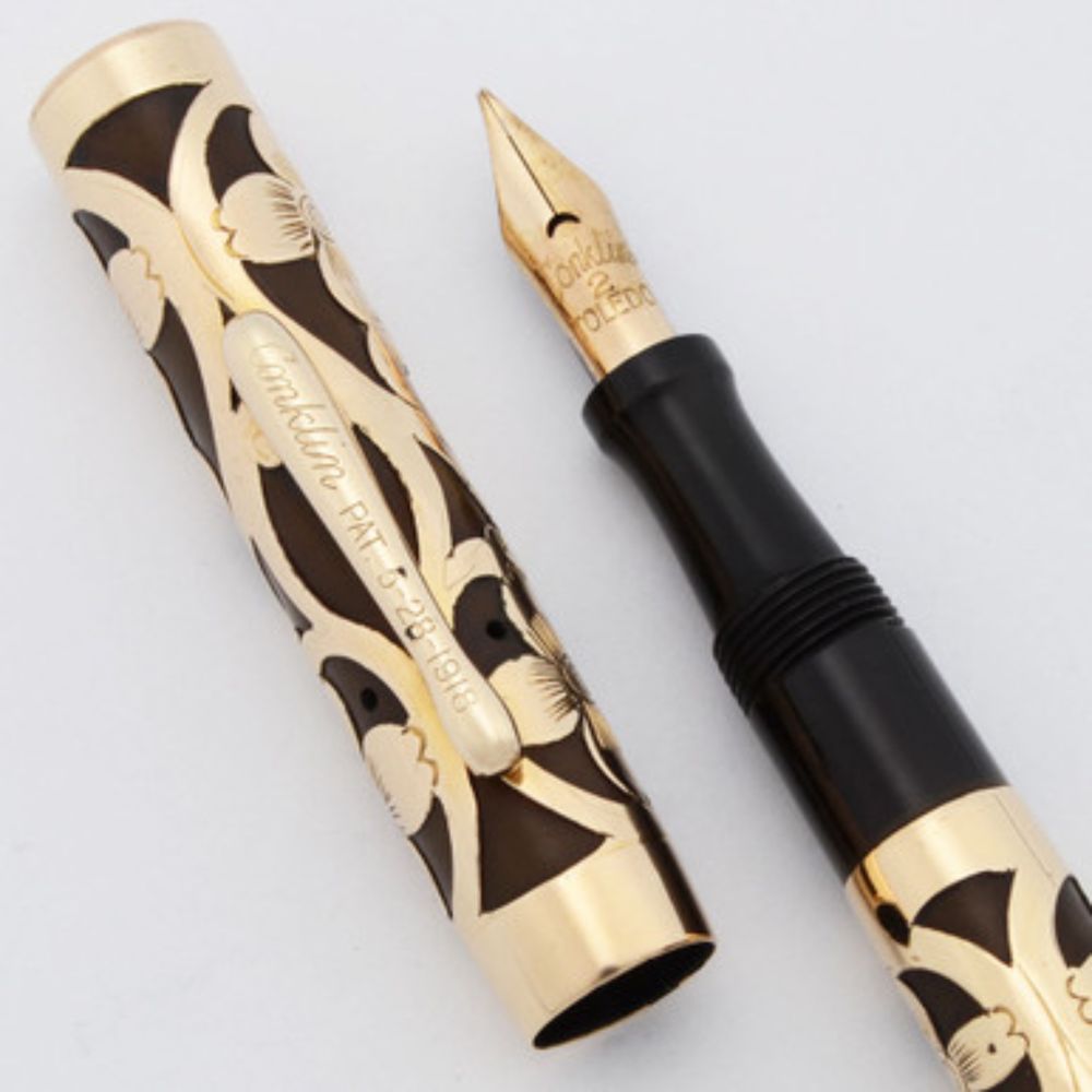 Conklin Crescent #2 Full Size Fountain Pen (1920s) - 4-Leaf Gold Filled Filigree, Full Flex Fine 14k #2 Nib (Excellent +, Restored)