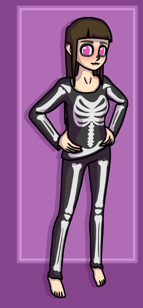Now she's in a black shirt and pants, both baring bones for a skeleton look. She also has some simple make up to give a skull look.