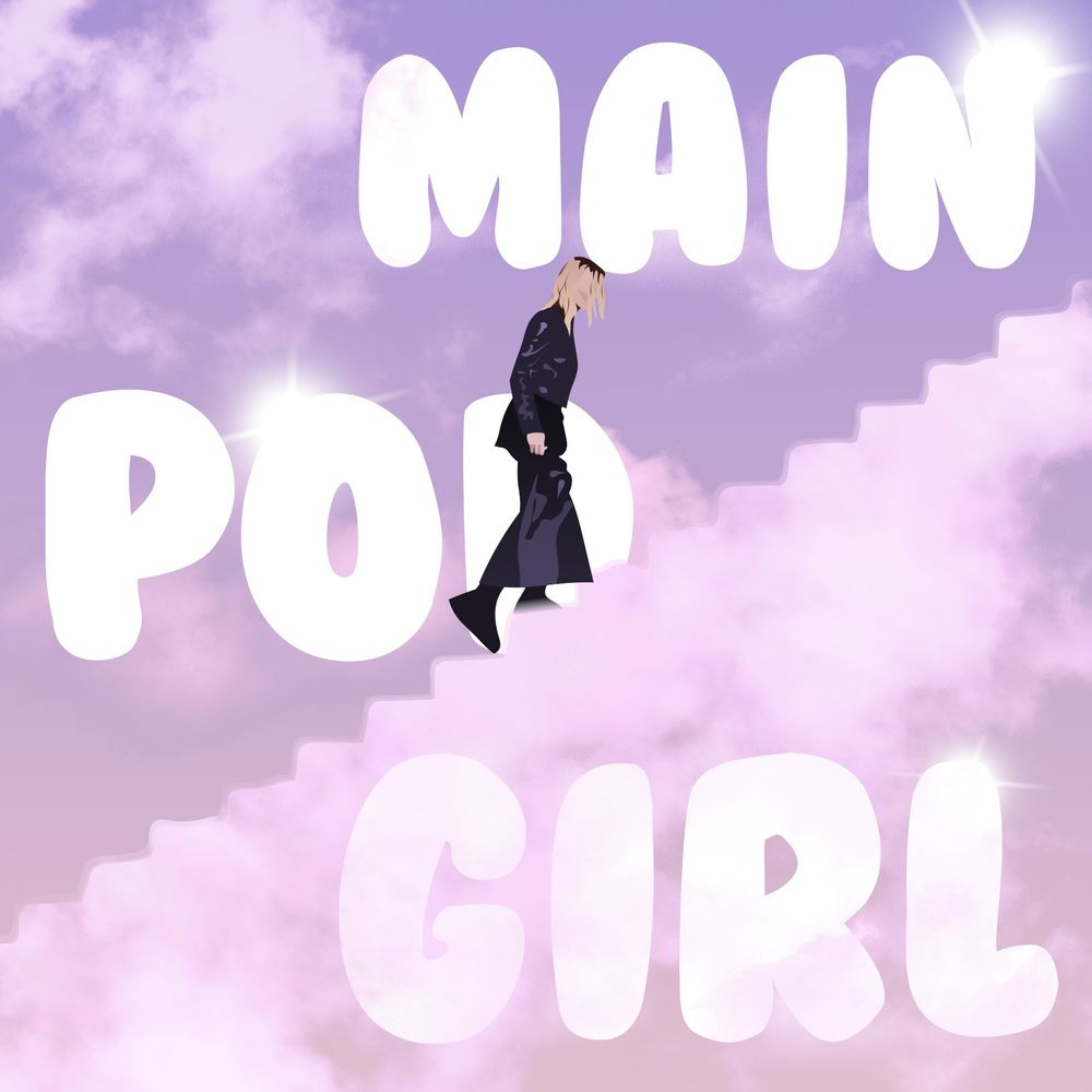 Artwork of Dora Jar on staircase through the clouds with the Main Pod Girl logo