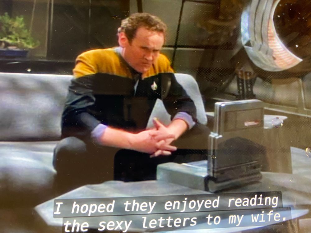 Chief O’Brien looking at a laptop thinking to himself “I hoped they enjoyed reading the sexy letters to my wife,”
