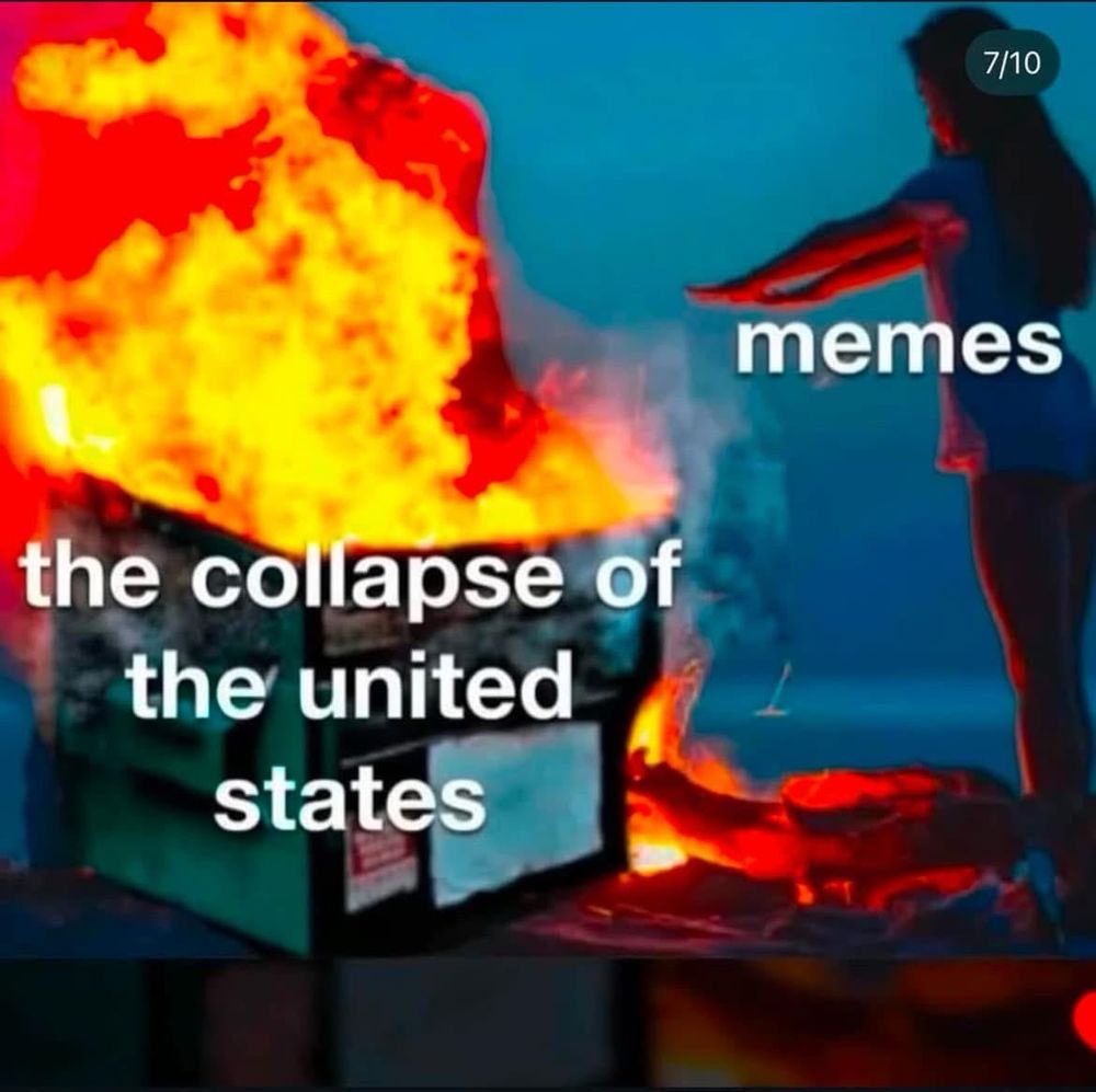A trash fire (“the collapse of the United States”)
And a person being warmed by the fire (“memes”)