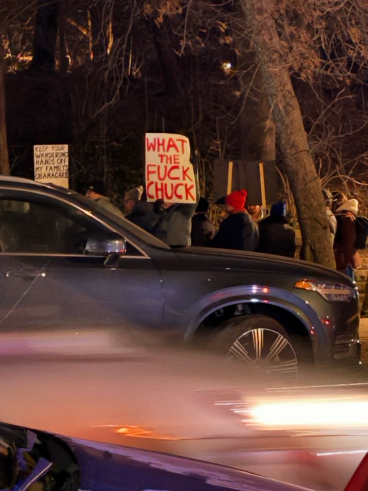 Protesters in Park Slope, Brooklyn holding a sign that says “what the fuck Chuck”, in reference to Chuck Schumer.