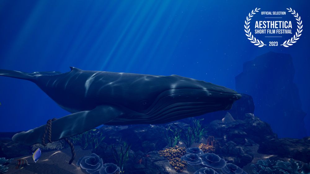 Underwater computer generated scene showing a whale with rope caught round one of its fins. Sea floor coral and grass can be seen, while rays of light illuminate the scene from above.
At top right a laurel indicates that the project is part of the Official Selection of the 2023 Aesthetica Short Film Festival