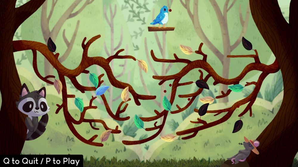 Screenshot of Berry Forest a mini game in SoundTown. Individual multicoloured leaves can be seen on branches of two adjacent trees. A blue bird sits near the top of the screen, a mouse is napping bottom right and a raccoon watches on from its perch on the tree to the left