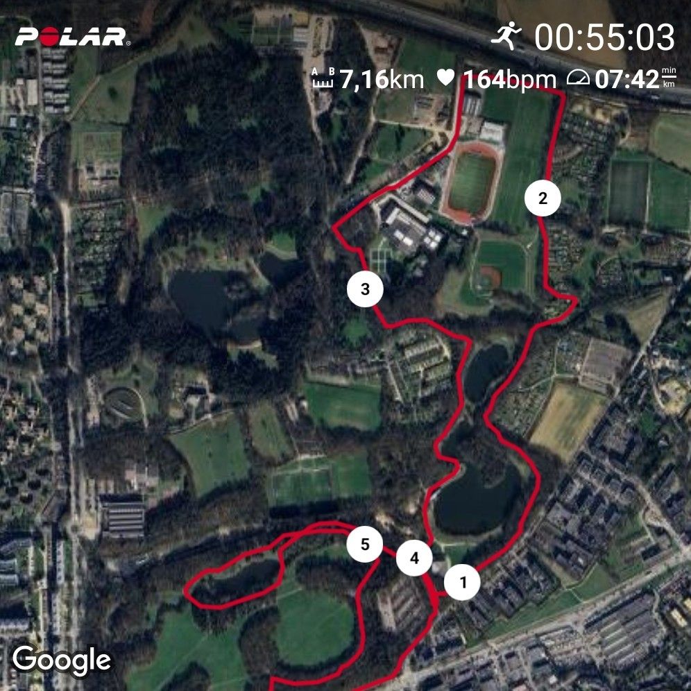 7,16 km en 55 min. 164 bpm et 7:42 / km en moyenne