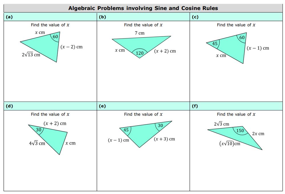 Six practice questions - algebraic problems involving sine and cosine rules. Suitable for AS and A-level students.
