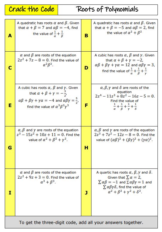 Crack the Code activity for AS Further Maths Core Pure 1 Roots of Polynomials topic.
