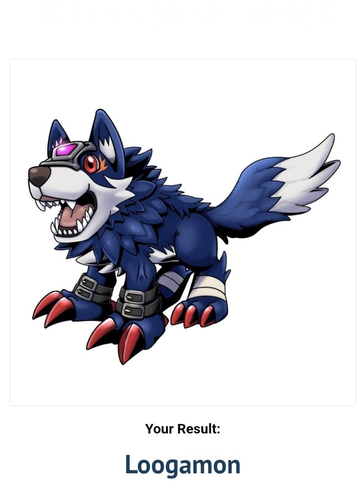 The Digimon Loogamon, who is a blue cartoon wolf with steampunk vibes.