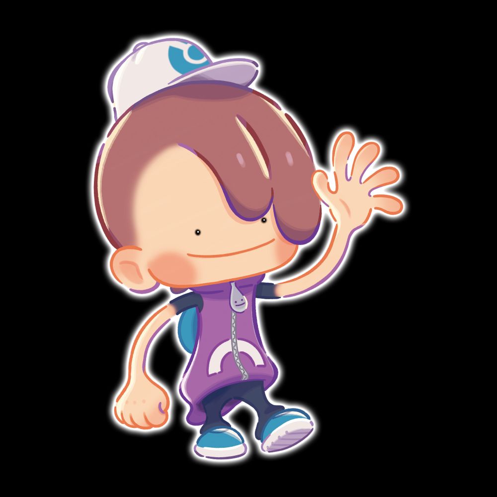 Ditto impersonating a sort of big headed, jelly-like teen. The impersonation is wearing a tiny hat and backpack, and it is waving.