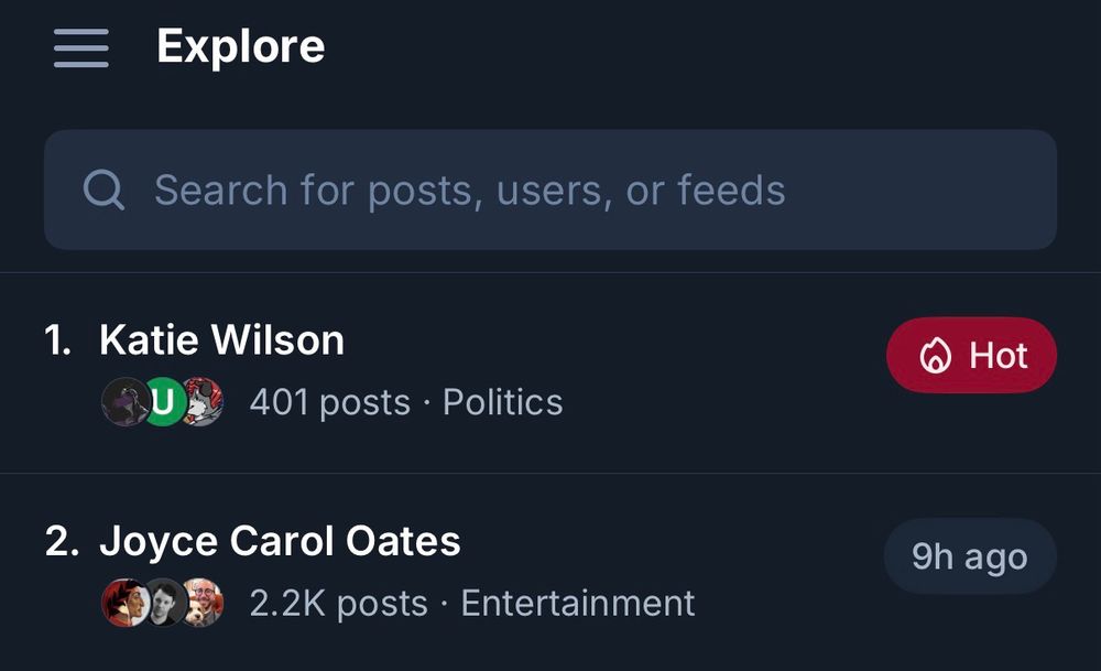 Bluesky trending topics. Joyce Carol Oates is #2 after Katie Wilson 